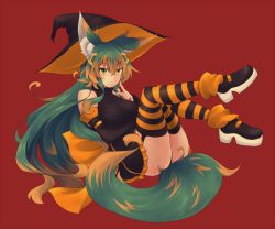 Rule 34 | 1girl, animal ear fluff, animal ears, breasts, brown hair, full body, green eyes, halloween, hat, kuromiya, kuromiya raika (kuromiya), large breasts, long hair, multicolored hair, original, red background, tail, thighhighs, two-tone hair, witch hat