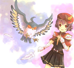 Rule 34 | 1girl, belt, bird, blush, breasts, brown belt, brown hair, cape, commentary request, cowboy shot, creator (ragnarok online), double bun, dress, dutch angle, feathers, filir (ragnarok online), gloves, hair bun, hat, living clothes, looking at viewer, open mouth, ragnarok online, red cape, red eyes, red headwear, shimada sarasara, short dress, short hair, small breasts, smile, teeth, white gloves
