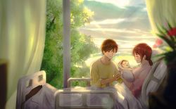 Rule 34 | 1boy, 1girl, baby, bed, giving birth, blurry, blurry foreground, brown hair, curtains, hetero, highres, hospital bed, indoors, looking at another, original, otsune (pixiv 36350590), pink shirt, ponytail, shadow, shirt, sidelocks, sitting, tree
