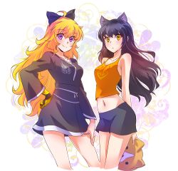 Rule 34 | 2girls, ahoge, animal ears, arms behind back, bare arms, bare shoulders, black hair, blake belladonna, blonde hair, blush, bow, breasts, cat ears, cat girl, closed mouth, collarbone, cosplay, costume switch, extra ears, facing viewer, faunus (rwby), hair bow, hair ornament, hair ribbon, hand on own hip, hand on thigh, happy, highres, iesupa, japanese clothes, kimono, long hair, looking at viewer, midriff, multiple girls, navel, obi, pajamas, parted lips, prosthesis, prosthetic arm, purple eyes, ribbon, rwby, sash, short shorts, shorts, sleepwear, smile, standing, tank top, very long hair, wavy hair, yang xiao long, yellow eyes