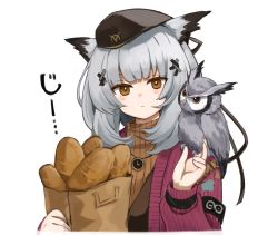 Rule 34 | animal, animal on shoulder, arknights, armband, bag, beret, bird, black hat, black ribbon, bread, brown eyes, brown sweater, clock necklace, commentary, expressionless, food, freenote mr, grey hair, hair ornament, hand up, hat, highres, holding, holding bag, jacket, looking at viewer, official alternate costume, owl, owl ears, ptilopsis (arknights), ptilopsis (serenity) (arknights), purple jacket, rhine lab logo, ribbed sweater, ribbon, sweater, turtleneck, turtleneck sweater, upper body