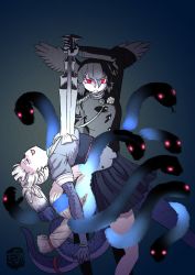 Rule 34 | &gt;:(, 2girls, arm up, artist logo, asymmetrical legwear, black hair, choker, closed eyes, closed mouth, darkness, drawing sword, elbow gloves, eyes visible through hair, feet out of frame, frown, gloves, glowing, glowing eyes, hair between eyes, head wings, holding, holding sword, holding weapon, human scabbard, japanese clothes, kemono friends, kemono friends 3, kishida shiki, leaning back, legs apart, long hair, long sleeves, looking at viewer, low-tied long hair, miniskirt, multicolored hair, multiple girls, open mouth, red eyes, rope, sash, serious, sheath, shimenawa, shirt, short sleeves, skirt, smile, standing, sword, tail, tail ornament, tail ring, twintails, two-tone hair, unsheathing, v-shaped eyebrows, weapon, wings, yamata no orochi (kemono friends), yatagarasu (kemono friends)