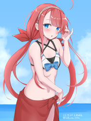Rule 34 | 1girl, adapted costume, ahoge, asymmetrical bangs, bikini, black bikini, blue eyes, blue sky, cloud, commentary request, cowboy shot, day, flat chest, front-tie bikini top, front-tie top, hair ribbon, hairband, highres, horizon, kantai collection, kawakaze (kancolle), long hair, looking at viewer, low twintails, navel, ocean, outdoors, pointy ears, red hair, red sarong, ribbon, saburou hiji, sarong, sidelocks, sky, solo, swimsuit, twintails, very long hair