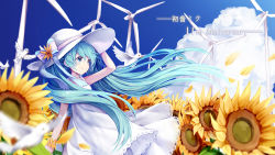 Rule 34 | 1girl, absurdres, anniversary, aqua eyes, aqua hair, bird, blue sky, blurry, blurry foreground, bow, character name, cloud, commentary, day, dove, dress, field, flower, flower bracelet, flower field, from side, hand on headwear, hat, hat bow, hatsune miku, highres, large hat, long hair, nishina hima, petals, sky, smile, solo, sparkling eyes, sundress, sunflower, twintails, very long hair, vocaloid, white dress, white hat, wind, wind turbine, windmill