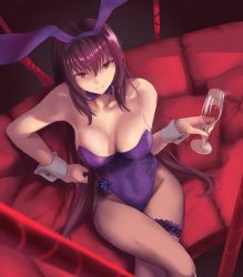 Rule 34 | 1girl, animal ears, bare shoulders, blush, breasts, cleavage, cup, den (kur0 yuki), detached collar, drinking glass, fake animal ears, fate/grand order, fate (series), fishnet pantyhose, fishnets, hair between eyes, highleg, highleg leotard, large breasts, leotard, long hair, looking at viewer, official alternate costume, pantyhose, playboy bunny, purple hair, purple leotard, rabbit ears, red eyes, scathach (fate), scathach (piercing bunny) (fate), thighs, wine glass, wrist cuffs