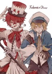 Rule 34 | 2boys, :p, akiyo (lifetimes), bandage over one eye, bandaged arm, bandages, bird, blonde hair, blue capelet, blue jacket, bow, cane, capelet, collared shirt, earpiece, fukase, hat, holding, holding cane, jacket, james (vocaloid), locked arms, male focus, multiple boys, oliver (vocaloid), parted lips, peaked cap, red eyes, red hair, red skirt, shirt, short hair, shorts, skirt, smile, tongue, tongue out, top hat, vocaloid, yellow eyes