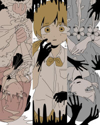 Rule 34 | 3girls, :/, adipocere (vocaloid), black hands, black liquid, blonde hair, blush, bow, bowtie, clutching clothes, collared dress, colored extremities, column lineup, commentary request, crying, crying with eyes open, disembodied hand, dress, flower, fur-trimmed jacket, fur trim, gokkun (3tq0x), golden number (vocaloid), grey dress, grey eyes, grey hair, hair over shoulder, hair ribbon, half-closed eyes, hand up, hands on own chest, head tilt, holding, holding torch, jacket, last journey (vocaloid), light smile, long sleeves, looking at viewer, low twintails, medium hair, multiple girls, neck ribbon, nervous sweating, open mouth, parted lips, pink eyes, pink hair, ribbon, sad smile, short sleeves, sweat, swept bangs, tears, torch, twintails, upside-down, vocaloid, wavy eyes, wide-eyed, yellow bow, yellow bowtie, yellow eyes
