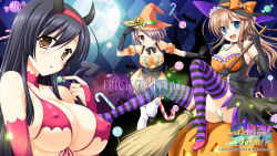 Rule 34 | 3girls, bare shoulders, black hair, blue eyes, blush, breasts, brown eyes, brown hair, cameltoe, candy, cleavage, covered erect nipples, demon, food, hairband, halloween, hat, highres, horns, large breasts, let&#039;s kaitou!, light purple hair, long hair, looking at viewer, multiple girls, nipples, open mouth, panties, purple eyes, short hair, smile, squeez (artist), thighhighs, underwear, witch