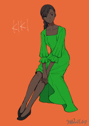 Rule 34 | 1girl, black eyes, black footwear, black hair, braid, braided ponytail, breasts, character name, closed mouth, dark-skinned female, dark skin, dress, dungeon meshi, full body, green dress, hand on own hip, hc1l 627, highres, invisible chair, kiki floke, long hair, orange background, simple background, single braid, sitting, smile, solo, swept bangs, twintails, v arms