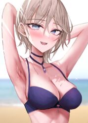 Rule 34 | 1girl, absurdres, anastasia (idolmaster), arm up, armpits, arms behind head, arms up, bare shoulders, beach, bikini, blue eyes, blurry, blurry background, blush, breasts, choker, cleavage, cowboy shot, day, gem, hair between eyes, highres, idolmaster, idolmaster cinderella girls, jewelry, looking at viewer, medium breasts, necklace, ocean, open mouth, outdoors, purple bikini, rum raisin (chihiromakita19), short hair, smile, solo, standing, sunlight, swimsuit, thick eyelashes, wet, white hair