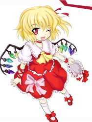 Rule 34 | 1girl, arm ribbon, blonde hair, bow, female focus, flandre scarlet, hat, unworn hat, unworn headwear, holding, holding clothes, holding hat, north abyssor, one eye closed, open mouth, red eyes, ribbon, short hair, simple background, smile, solo, standing, touhou, white background, wings, wink, wrist cuffs