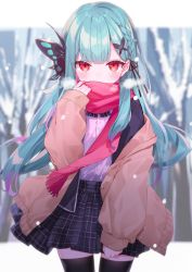 Rule 34 | 1girl, bare tree, black jacket, black skirt, black thighhighs, blazer, blush, braid, brown jacket, butterfly hair ornament, commentary request, covered mouth, fringe trim, gradient hair, green hair, hair ornament, hand up, highres, hololive, jacket, long hair, long sleeves, looking at viewer, multicolored hair, off shoulder, open clothes, open jacket, pink hair, plaid, plaid skirt, pleated skirt, puffy long sleeves, puffy sleeves, red eyes, red scarf, scarf, school uniform, shirt, skirt, sleeves past wrists, snow, snowing, solo, thighhighs, tousaki shiina, tree, uruha rushia, uruha rushia (school uniform), very long hair, virtual youtuber, white shirt