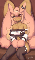 Rule 34 | 1girl, :3, absurdres, alternate color, animal ears, animal nose, artist name, bandeau, bare shoulders, between legs, black leotard, black sclera, black thighhighs, blonde hair, blush, body fur, breasts, brown background, brown fur, cleavage, clothing cutout, collarbone, colored sclera, creatures (company), detached sleeves, fake animal ears, female focus, fur-trimmed bandeau, fur trim, furry, furry female, game freak, gen 4 pokemon, glasses, gradient hair, hair ornament, hairclip, hand between legs, happy, highres, large breasts, leotard, long hair, looking at viewer, lopunny, multicolored hair, navel cutout, nintendo, nose blush, open mouth, orange eyes, own hands together, personification, pink fur, pink hair, playboy, playboy bunny, pokemon, pokemon (creature), rabbit ears, rabbit girl, rabbit tail, rimless eyewear, round eyewear, shiny pokemon, shiny skin, sidelocks, signature, simple background, sitting, skindentation, smile, solo, strapless, strapless leotard, thighhighs, two-tone fur, two-tone hair, white bandeau, white sleeves, white trim, zinfyu
