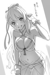 Rule 34 | 1girl, aiu eo, asymmetrical bangs, bad id, bad twitter id, beatrix (granblue fantasy), bikini, blush, breasts, cleavage, granblue fantasy, greyscale, highres, large breasts, long hair, looking at viewer, monochrome, navel, open mouth, ponytail, solo, swimsuit