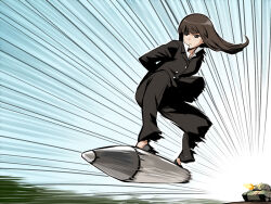 Rule 34 | 10s, 1girl, ammunition, arms behind back, black hair, black jacket, black pants, brown eyes, brown hair, dragon ball, flats, flying, formal, girls und panzer, jacket, long hair, military, military vehicle, motion lines, motor vehicle, nishizumi shiho, pant suit, pants, parody, shell (projectile), suit, tank, tao pai pai, twinpoo, vehicle