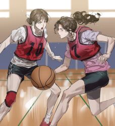 Rule 34 | 2girls, absurdres, akagi haruko, ayako (slam dunk), ball, basketball (object), basketball jersey, basketball uniform, black shorts, breasts, brown hair, chamuring, dribbling (basketball), eye contact, flying sweatdrops, gradient shirt, hair bun, highres, holding, holding ball, indoors, knee brace, layered clothes, looking at another, medium breasts, multiple girls, open mouth, playing sports, ponytail, red tank top, shirt, shorts, slam dunk (series), sportswear, tank top, wavy hair, white shirt