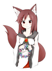 Rule 34 | 1girl, animal ears, blush, breasts, brooch, brown hair, collarbone, dress, head wreath, highres, imaizumi kagerou, jewelry, kuroneko (kuroi-neko), long hair, long sleeves, looking at viewer, red eyes, simple background, smile, solo, tail, touhou, white background, wolf ears, wolf tail