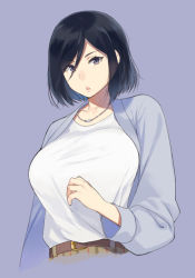 Rule 34 | 10s, 1girl, belt, black hair, blue background, blue eyes, breasts, hair between eyes, jewelry, kyoto animation, kyoukai no kanata, large breasts, mature female, mole, mole under mouth, nase izumi, necklace, open mouth, sasamori tomoe, shirt, short hair, simple background, solo, taut clothes, taut shirt, upper body