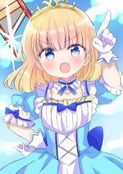 Rule 34 | 1girl, :d, arm up, blonde hair, blue dress, blue eyes, blue ribbon, blue sky, blunt bangs, blush, bow, bowtie, cloud, cloudy sky, dress, elbow gloves, eyebrows hidden by hair, frilled dress, frills, gloves, hand on own hip, highres, index finger raised, jewelry, lace trim, looking at viewer, mia luna tearmoon, nanami ayane (kusunoki5050), neck ribbon, open mouth, puffy short sleeves, puffy sleeves, ribbon, short hair, short sleeves, sky, smile, solo, standing, tearmoon teikoku monogatari, tiara, upper body, white gloves, wrist cuffs