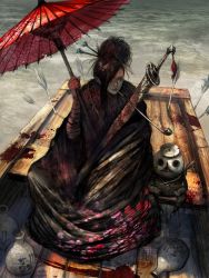 Rule 34 | 1girl, arm wrap, arrow (projectile), black hair, blood, blood splatter, boat, creature, day, hair ornament, hair over one eye, holding, holding umbrella, jug (bottle), kiseru, oil-paper umbrella, one eye covered, outdoors, planted, planted arrow, sheath, sheathed, sitting, smoking, smoking pipe, sword, tahra, umbrella, water, watercraft, weapon