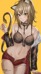 Rule 34 | 1girl, absurdres, animal ears, arknights, blonde hair, blush, bra, breasts, chain, closed mouth, collar, commentary, cowboy shot, cozyu, dated, english commentary, front-tie bra, grey bra, grey jacket, hand up, highres, jacket, large breasts, lion ears, lion tail, long hair, long sleeves, looking at viewer, metal collar, micro shorts, navel, off shoulder, open clothes, open shorts, red shorts, shorts, siege (arknights), signature, simple background, solo, tail, tail raised, underwear, yellow background, yellow eyes