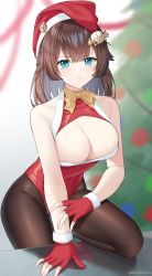 Rule 34 | 1girl, absurdres, arm support, artist name, bare arms, bare shoulders, bow, bowtie, breasts, brown hair, brown pantyhose, character request, christmas tree, cleavage, collarbone, commentary request, fur-trimmed gloves, fur trim, girls&#039; frontline, gloves, green eyes, groin, hat, highres, large breasts, long hair, looking at viewer, pantyhose, red gloves, red hat, rynzfrancis, santa hat, shadow, solo, thighs, twitter username, yellow bow, yellow bowtie
