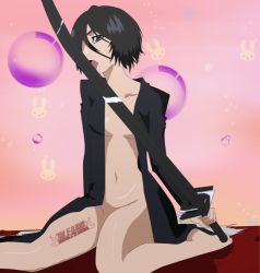 Rule 34 | 1girl, absurdres, bankai, barefoot, black hair, bleach, bottomless, breasts, bubble, chappy, cleavage, collarbone, feet, female focus, gradient background, highres, holding, holding sword, holding weapon, kitsune23star, kuchiki rukia, legs, licking, logo, long sleeves, navel, neck, no bra, no panties, open clothes, pink background, purple eyes, short hair, sitting, small breasts, solo, sparkle, sword, tattoo, tensa zangetsu, toes, tongue, weapon