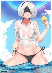 Rule 34 | 1girl, absurdres, artist name, bikini, black bikini, black hairband, blindfold, blue sky, breasts, cloud, cloudy sky, collarbone, day, food, gradient sky, hairband, hand up, highres, holding, holding food, ice cream, ice cream cone, kaos art, large breasts, lips, mole, mole under mouth, navel, nier:automata, nier (series), ocean, outdoors, parted lips, partially submerged, see-through, shiny skin, shirt, short hair, short sleeves, side-tie bikini bottom, signature, simple background, sky, smile, solo, stomach, sunlight, swimsuit, t-shirt, thighs, water, wet, wet clothes, wet shirt, white hair, 2b (nier:automata)