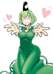 Rule 34 | 1girl, blush, breasts, covered navel, dress, green dress, hat, incoming hug, incoming kiss, kagehito, long sleeves, looking at viewer, medium breasts, outstretched arms, simple background, soga no tojiko, solo, tate eboshi, thighs, touhou, white background