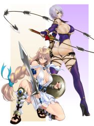 Rule 34 | 2girls, absurdres, anagumasan, ass, blonde hair, blue eyes, boots, braid, breasts, closed mouth, commentary, dress, earrings, elbow gloves, fingerless gloves, full body, gloves, high heels, highleg, highleg leotard, highres, holding, holding sword, holding weapon, isabella valentine, jewelry, large breasts, leotard, lips, long hair, looking at viewer, looking back, makeup, midriff peek, multiple girls, namco, on one knee, purple hair, shield, short dress, short hair, sideboob, simple background, single braid, sophitia alexandra, soul calibur, soulcalibur, soulcalibur v, sword, thigh boots, thighhighs, thighs, toeless footwear, weapon, whip sword, white dress