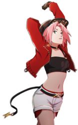 Rule 34 | 1girl, belly, belt, belt buckle, bra, breasts, bubble, buckle, choker, gloves, green eyes, hat, jacket, naruto (series), naruto shippuuden, navel, official art, open clothes, open jacket, panties, pink hair, red panties, shorts, stretching, underwear