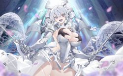 Rule 34 | 1girl, armor, blush, breasts, cleavage, dual wielding, duel monster, gauntlets, grey eyes, grey hair, highres, holding, horns, huge breasts, lovely labrynth of the silver castle, looking at viewer, open mouth, pauldrons, shoulder armor, solo, sword, twintails, weapon, xiujia yihuizi, yu-gi-oh!
