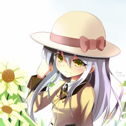 Rule 34 | 10s, 1girl, angel beats!, bison cangshu, bow, flower, green eyes, hat, hat bow, long hair, looking at viewer, school uniform, silver hair, smile, solo, sun hat, tenshi (angel beats!)