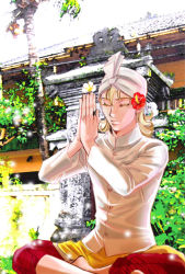 Rule 34 | 10s, 1boy, alternate costume, barnaby brooks jr., blonde hair, closed eyes, flower, hair flower, hair ornament, hibiscus, india, indian style, male focus, photo background, praying, sitting, solo, suzan2nd, tiger &amp; bunny, turban