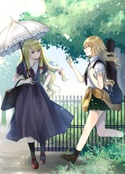Rule 34 | 2girls, absurdres, adapted costume, alternate costume, bag, blonde hair, bow, casual, clothes around waist, dress, fence, green skirt, hair bow, hand on own hip, highres, holding, holding umbrella, instrument case, leaf, long hair, looking at another, matara okina, mimoto (aszxdfcv), multiple girls, plant, pleated skirt, puffy short sleeves, puffy sleeves, purple bow, purple dress, purple eyes, sharp teeth, shirt, short sleeves, skirt, smile, sweater, sweater around waist, teeth, touhou, tree, umbrella, waving, white shirt, yakumo yukari, yellow eyes