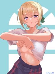 Rule 34 | 1girl, absurdres, blonde hair, blue skirt, braid, braided bun, breasts, commentary, dangan kurabu, green ribbon, hair between eyes, hair bun, hair ribbon, highres, kantai collection, large breasts, lifting own clothes, navel, open mouth, perth (kancolle), plaid, plaid skirt, pleated skirt, purple eyes, ribbon, shirt, short hair, short sleeves, simple background, skirt, solo, twintails, underboob, undressing, white shirt