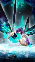 1boy black_hair blue_butterfly bug butterfly closed_eyes e.g.o_(project_moon) eyeball finame0 gold_trim highres hong_lu_(project_moon) insect limbus_company long_hair long_sleeves ponytail project_moon robe sitting solo very_long_hair wariza white_robe wide_sleeves