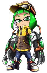 Rule 34 | &gt;:&lt;, 1girl, :&lt;, alternate weapon, ankle boots, blue pants, blunt bangs, boots, closed mouth, commentary, full body, green eyes, green hair, grey footwear, hat, ink tank (splatoon), inkling, inkling girl, inkling player character, jacket, long sleeves, looking at viewer, mechanical arms, nintendo, pants, short hair, simple background, sitting, solo, splatoon (series), splatoon 2, tanashi (mk2), tentacle hair, v-shaped eyebrows, weapon, white background, yellow hat, yellow jacket, zipper