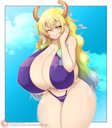 Rule 34 | 1girl, absurdres, ara ara, artist name, bikini, blonde hair, blue background, blue hair, breasts, cloud, collarbone, crysnickel, curvy, dot nose, dragon horns, eyelashes, female focus, gradient hair, green hair, hand on own face, heart, highres, horns, huge breasts, kobayashi-san chi no maidragon, lucoa (maidragon), motion lines, multicolored hair, purple bikini, shiny skin, sky, smile, solo, standing, swimsuit, thick thighs, thighs, unusually open eyes, w arms, wide hips, yellow eyes