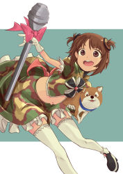 Rule 34 | 10s, 1girl, alternate costume, alternate hairstyle, animal collar, bad id, bad pixiv id, blue background, bow, brown eyes, brown hair, camouflage, camouflage skirt, collar, dog, frills, girls und panzer, high-explosive anti-tank (warhead), magical girl, man-portable anti-tank systems, nishizumi miho, panzerfaust, platform footwear, recoilless gun, simple background, skirt, suo (sndrta2n), thighhighs, twintails, two side up, zettai ryouiki
