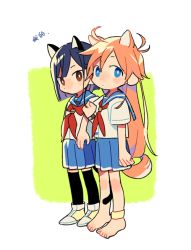 Rule 34 | 2girls, ahoge, animal ears, anklet, arm at side, barefoot, between legs, black legwear, blue eyes, blue hair, blue sailor collar, blue skirt, brown eyes, cat ears, cat girl, cat tail, chibi, clenched hand, closed mouth, dog ears, dog girl, dog tail, dot nose, dyx (asdiandyx), expressionless, flip flappers, from side, green background, jewelry, kemonomimi mode, kokomine cocona, locked arms, long hair, looking at viewer, multiple girls, neckerchief, orange hair, papika (flip flappers), pleated skirt, red neckerchief, sailor collar, school uniform, serafuku, shirt, shoes, short hair, short sleeves, simple background, skirt, standing, tail, tareme, thighhighs, tsurime, very long hair, watch, white background, white shirt, wristwatch, yellow footwear, zettai ryouiki