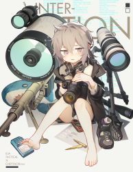 Rule 34 | 1girl, absurdres, barefoot, blush, bolt action, bullet, camera, commentary request, english text, feet, girls&#039; frontline, grey eyes, grey hair, gun, headphones, highres, holding, holding camera, m200 (girls&#039; frontline), messy hair, open mouth, partial commentary, rifle, scope, shoes, sitting, sniper, socks, solo, sweat, tianliang duohe fangdongye, tripod, weapon