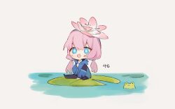 Rule 34 | 1girl, arknights, black pantyhose, black shorts, blue eyes, blue jacket, blue poison (arknights), blush, chibi, collared shirt, commentary, english commentary, flower, flower on head, frog, hair between eyes, hood, hooded jacket, jacket, lily (flower), lily pad, long hair, long sleeves, low twintails, open mouth, pantyhose, pink flower, pink hair, ruri (dailybloopy), shirt, shorts, sidelocks, simple background, sitting, solo, twintails, water, white background, white shirt, zipping