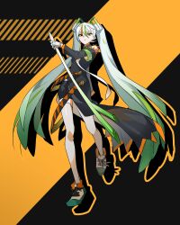 Rule 34 | 1girl, absurdres, armband, black dress, black shorts, closed mouth, commentary request, creatures (company), dress, drop shadow, eyeshadow, fighting miku (project voltage), food, full body, game freak, gloves, gradient hair, green armband, green eyes, green hair, hair between eyes, hatsune miku, highres, holding, holding food, holding spring onion, holding vegetable, korean commentary, long hair, long sleeves, looking at viewer, makeup, muksal, multicolored hair, necktie, nintendo, orange eyeshadow, orange hair, pokemon, project voltage, shoes, shorts, sneakers, solo, spring onion, standing, streaked hair, thighhighs, twintails, vegetable, very long hair, vocaloid, white gloves, white hair, white necktie, white thighhighs