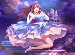 Rule 34 | 1girl, :d, absurdres, blue dress, breasts, brown hair, castle, cinderella, cleavage, cloud, cloudy sky, collarbone, detached sleeves, double v, dress, elbow gloves, floating stairs, full body, glass slipper, gloves, hair down, high heels, highres, idolmaster, idolmaster cinderella girls, jewelry, jumping, layered dress, light beam, light particles, long hair, looking at viewer, medium breasts, moon, munseonghwa, necklace, night, one eye closed, open mouth, outdoors, pearl necklace, puffy short sleeves, puffy sleeves, see-through, shimamura uzuki, short sleeves, skirt, sky, smile, solo, stairs, tiara, underskirt, v, wavy hair, white gloves, white skirt, yellow eyes
