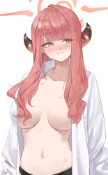 Rule 34 | 1girl, absurdres, artist name, aru (blue archive), black panties, blue archive, blush, breasts, breasts apart, collarbone, commentary request, demon horns, hair over breasts, halo, hickey, highres, horns, large breasts, light smile, lipstick mark, lipstick mark on breast, lipstick mark on stomach, long hair, navel, open clothes, open shirt, panties, pink eyes, pink hair, shirt, sidelocks, signature, simple background, solo, stomach, sweatdrop, tomid, underwear, very long hair, white background, white shirt
