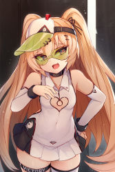 Rule 34 | 1girl, azur lane, bache (azur lane), bache (showy sports star) (azur lane), bare shoulders, black ribbon, blonde hair, blush, breasts, choker, cleavage cutout, clothing cutout, collarbone, commentary request, covered navel, detached sleeves, dress, fang, green-tinted eyewear, green-tinted glasses, hair ornament, hair ribbon, hairclip, heart, heart-shaped pupils, heart cutout, highres, long hair, mou tama maru, open mouth, purple eyes, revision, ribbon, short dress, single thighhigh, skindentation, small breasts, smile, solo, sportswear, sunglasses, sunlight, symbol-shaped pupils, tennis uniform, thigh strap, thighhighs, tinted eyewear, two side up, very long hair, visor, visor cap, white dress, white thighhighs, zettai ryouiki
