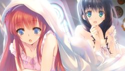 Rule 34 | 2girls, :o, alisia heart, aquaplus, ass, bed sheet, black hair, blue eyes, dungeon travelers 2, game cg, green eyes, hair over shoulder, hand on own chin, indoors, light rays, lingerie, long hair, melvy de florencia, mitsumi misato, multiple girls, official art, sleeveless, sweatdrop, underwear