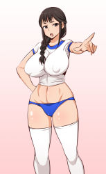 Rule 34 | 10s, 1girl, :o, black eyes, black hair, braid, breasts, brown eyes, brown hair, buruma, covered erect nipples, crop top, curvy, earrings, foreshortening, gabao (mattari 2019), gradient background, groin, gym uniform, hair over shoulder, hair tie, hand on own hip, hip focus, huge breasts, impossible clothes, impossible shirt, jewelry, long hair, looking at viewer, midriff, navel, open mouth, outstretched arm, pink background, pointing, puffy nipples, segawa misato, shirobako, shirt, short sleeves, sidelocks, single braid, solo, standing, stud earrings, thighhighs, thighs, toned, white shirt, white thighhighs, wide hips