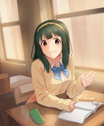 Rule 34 | 1girl, aged down, blush, breasts, brown eyes, cellphone, chair, classroom, closed mouth, desk, flip phone, green hair, hairband, idolmaster, idolmaster (classic), indoors, kamille (vcx68), looking at viewer, medium breasts, mole, mole under mouth, notebook, otonashi kotori, pencil case, phone, school, school desk, sitting, smile, solo